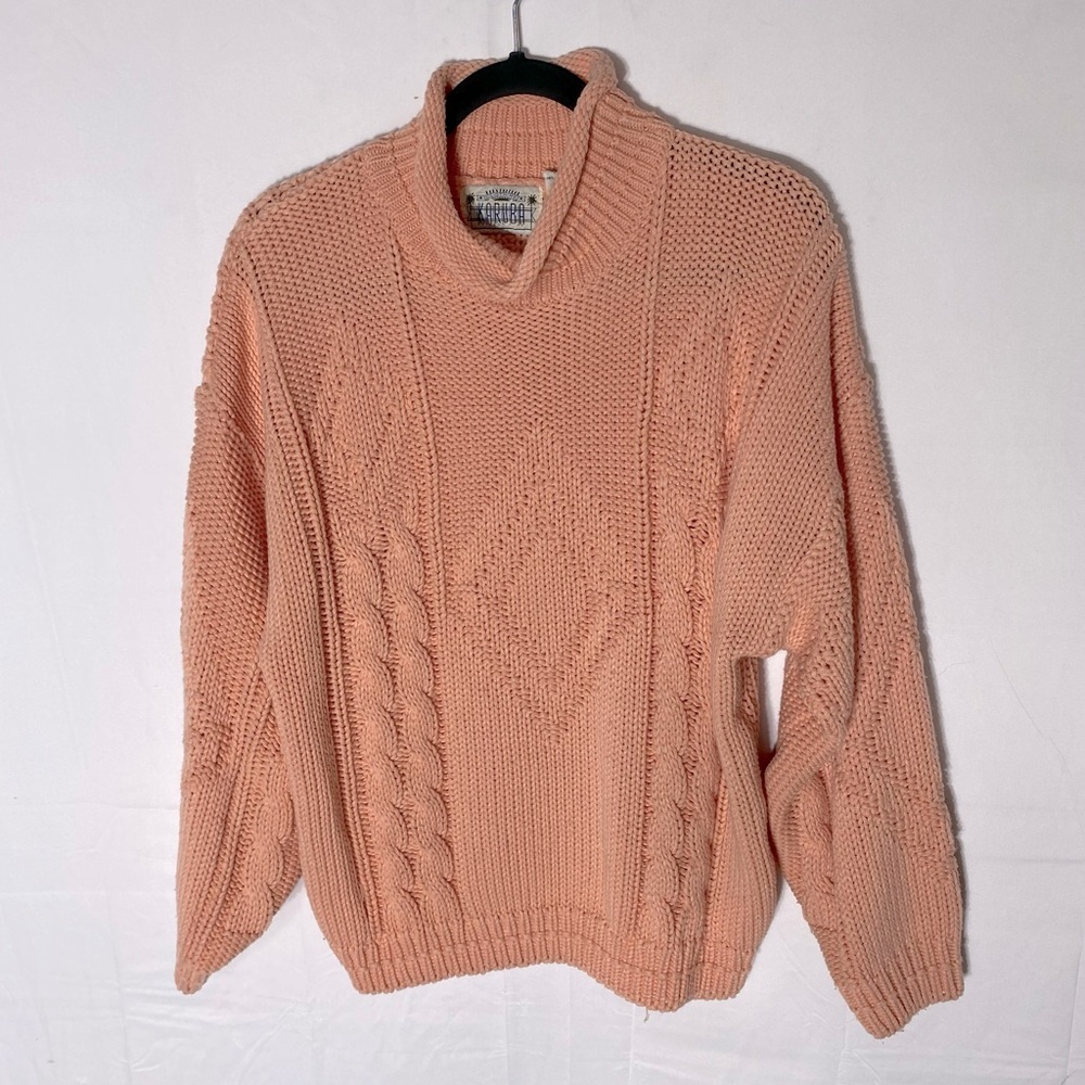 Vintage Karuba Clothing Peach Chunky Cable Knit Mock Neck Sweater L